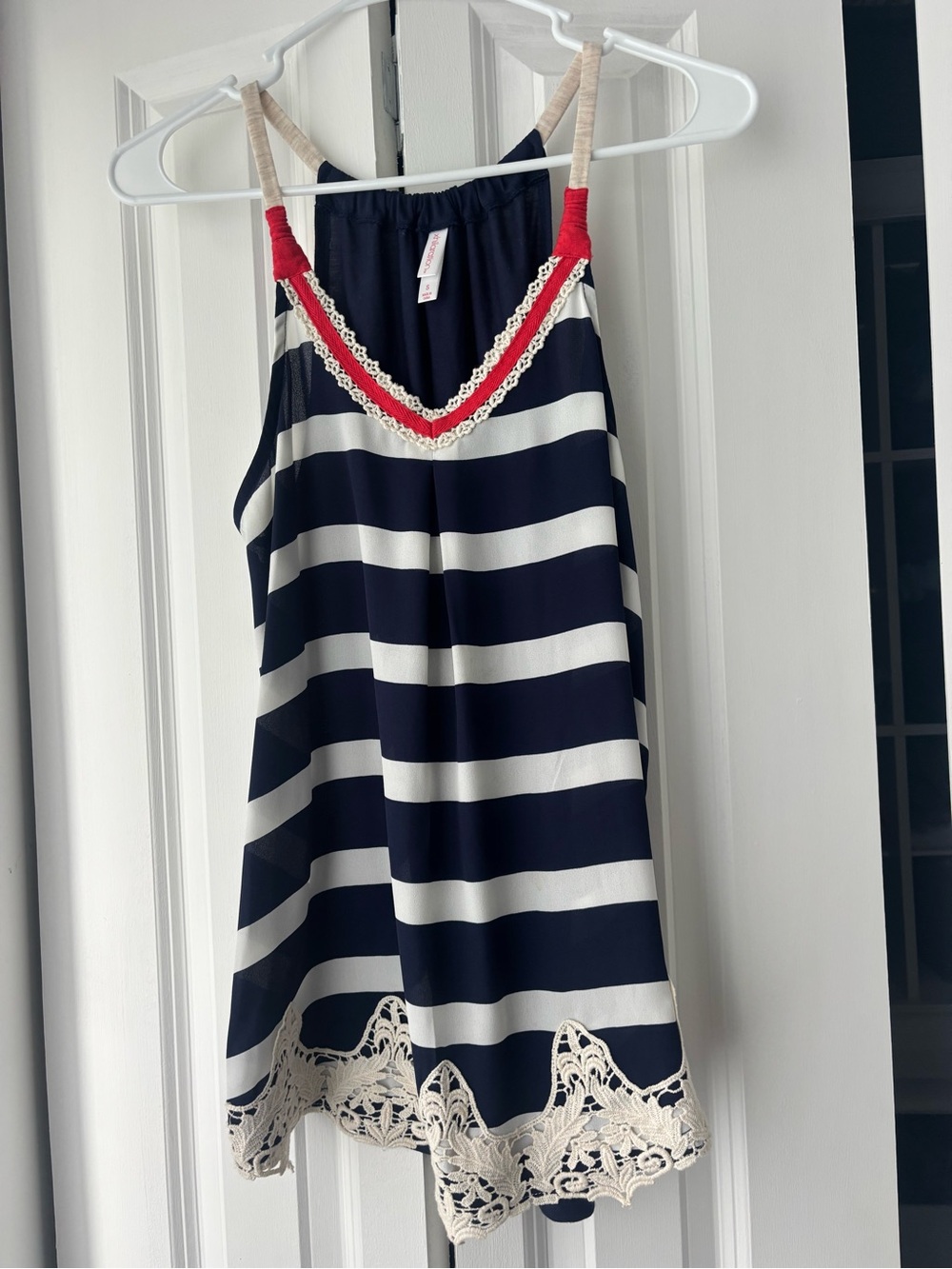 Navy & White Striped Top with Red Trim